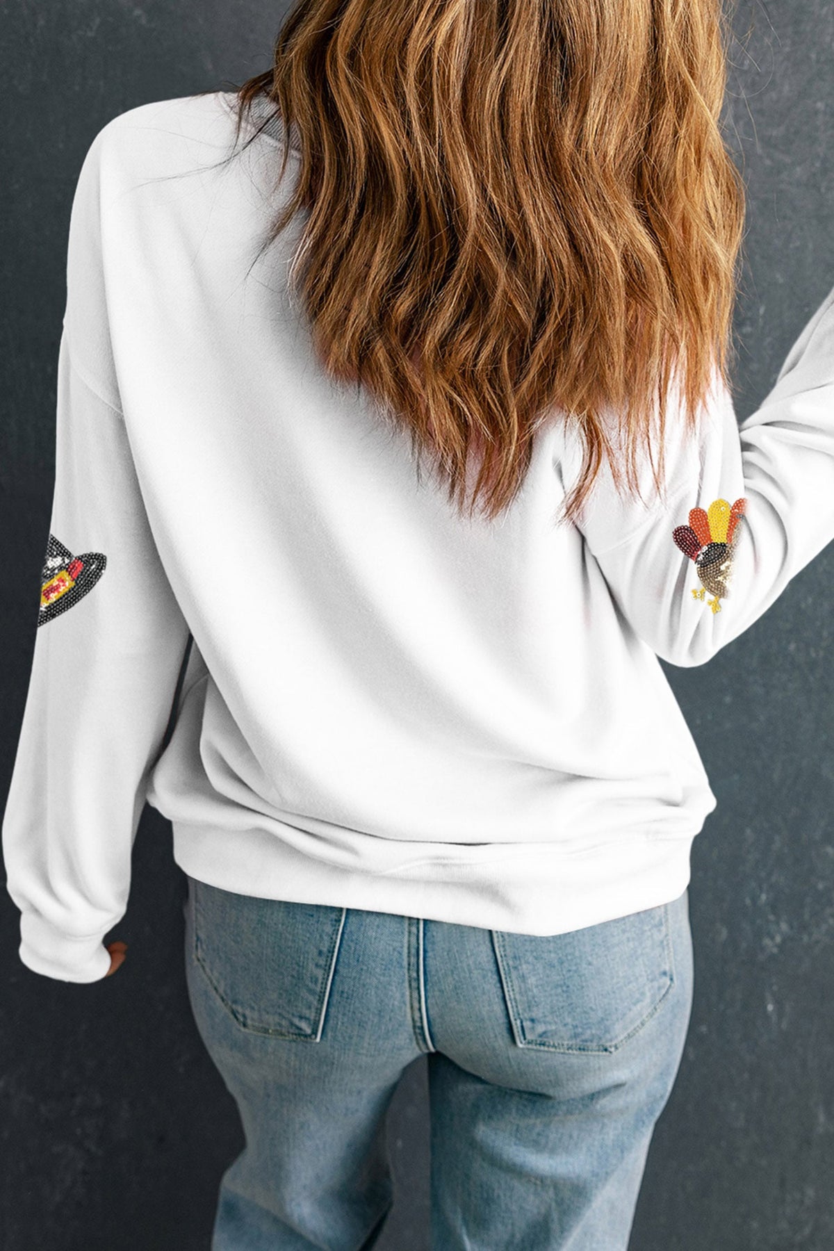 White Sequin Thanksgiving Casual Pullover Sweatshirt