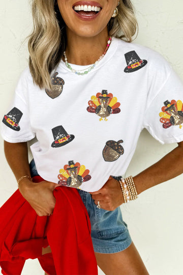 White Sequin Thanksgiving Crew Neck Holiday T-Shirt