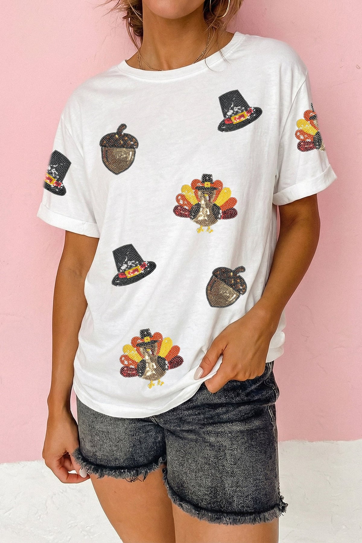 White Sequin Thanksgiving Crew Neck Holiday T-Shirt