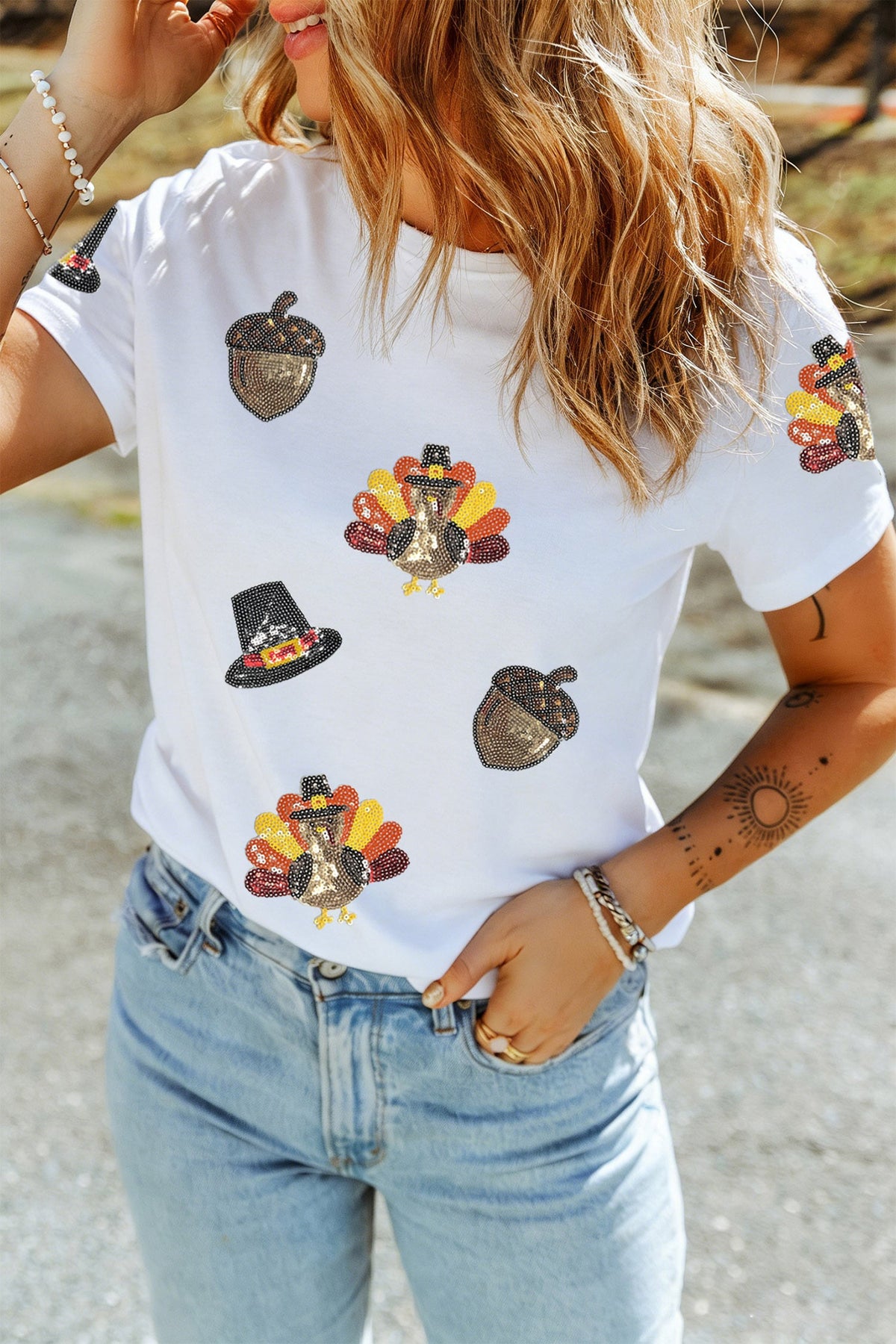 White Sequin Thanksgiving Crew Neck Holiday T-Shirt