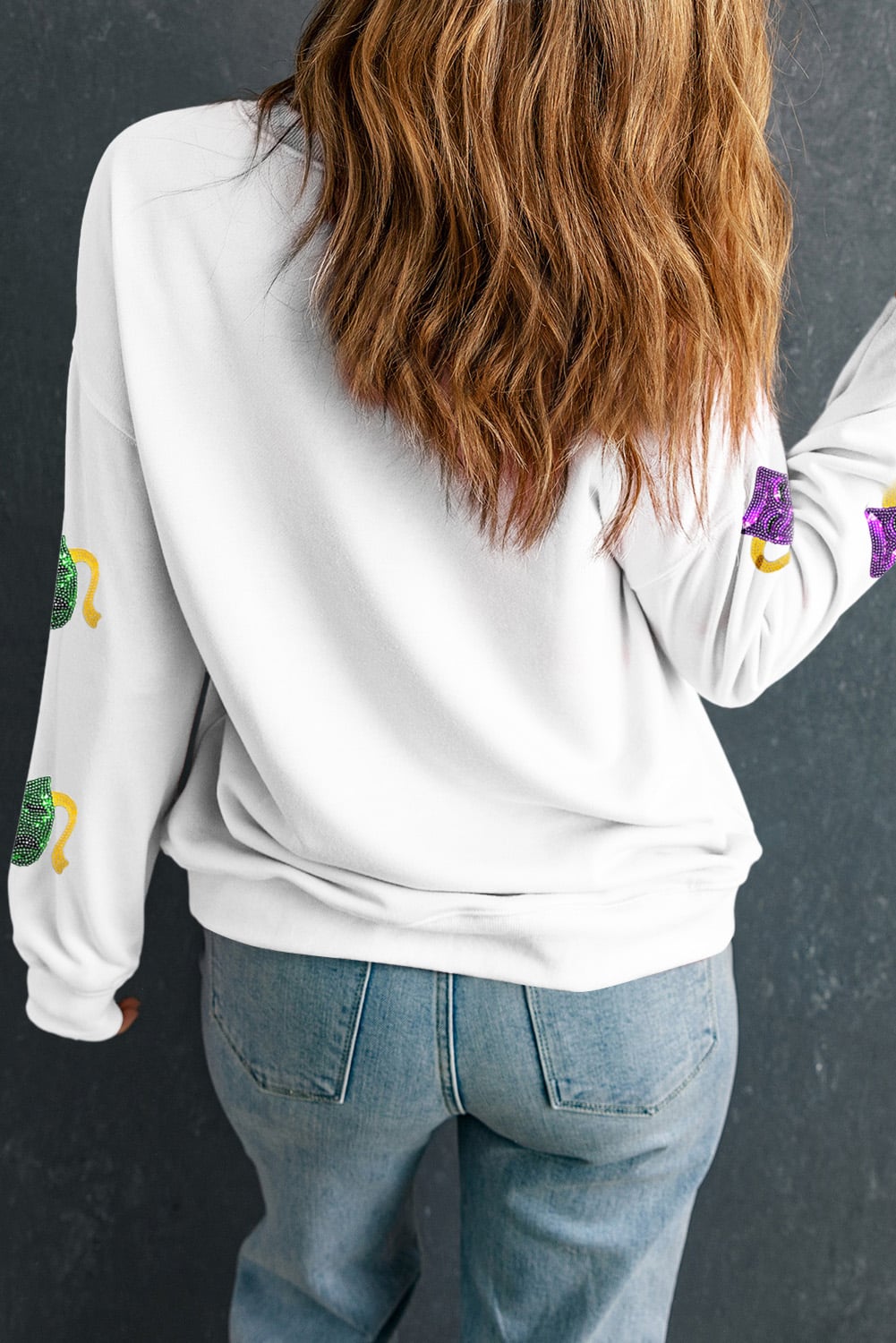 White Sequined Mardi Gras Mask Pattern Drop Shoulder Sweatshirt