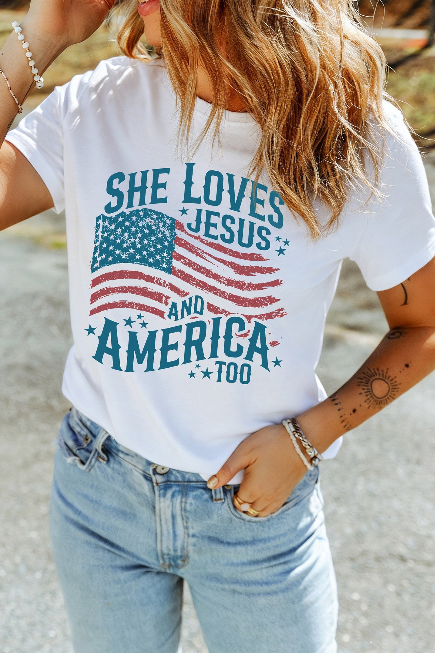 White She Loves Jesus and America Flag Graphic Tee