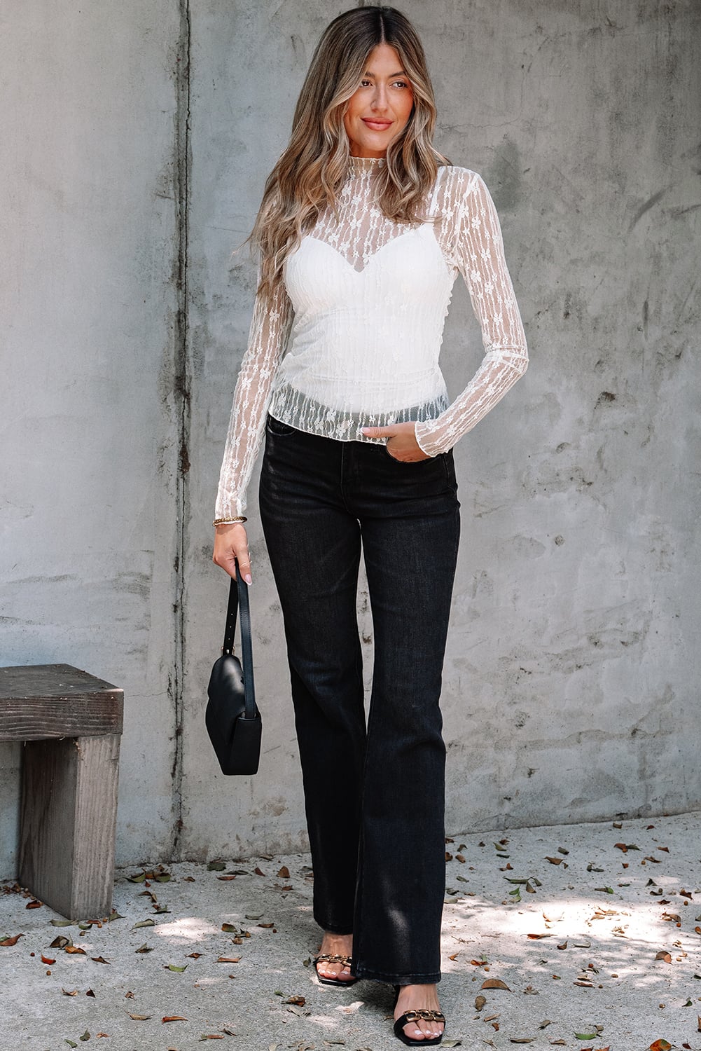 White Sheer Floral Lace Long Sleeve Slim Fit Top