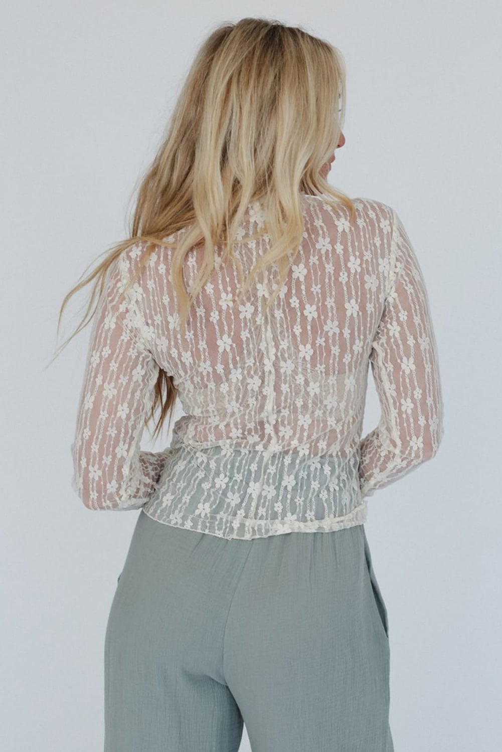 White Sheer Floral Lace Long Sleeve Slim Fit Top