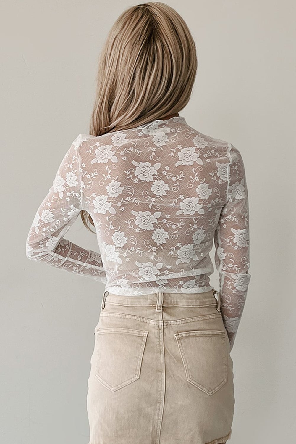 White Sheer Floral Lace Mesh Mock Neck Long Sleeve Top
