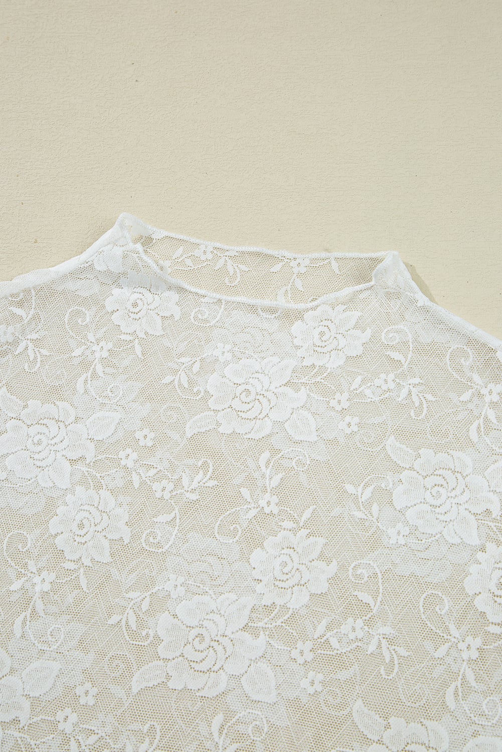 White Sheer Floral Lace Mesh Mock Neck Long Sleeve Top