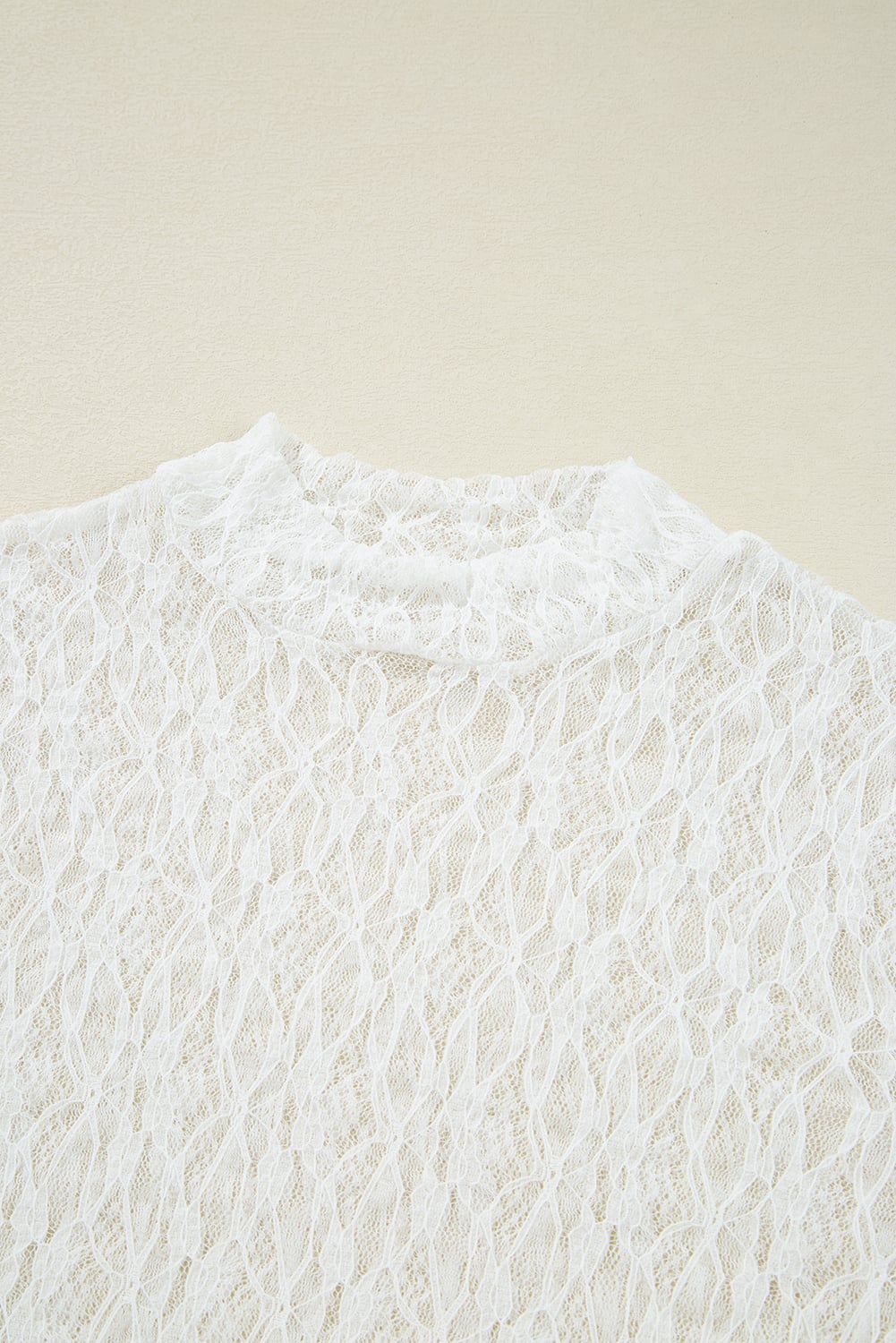 White Sheer Lace Bell Sleeve Mock Neck Blouse