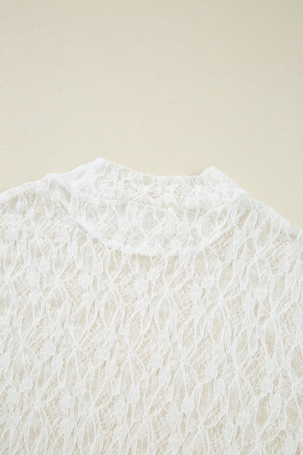 White Sheer Lace Bell Sleeve Mock Neck Blouse