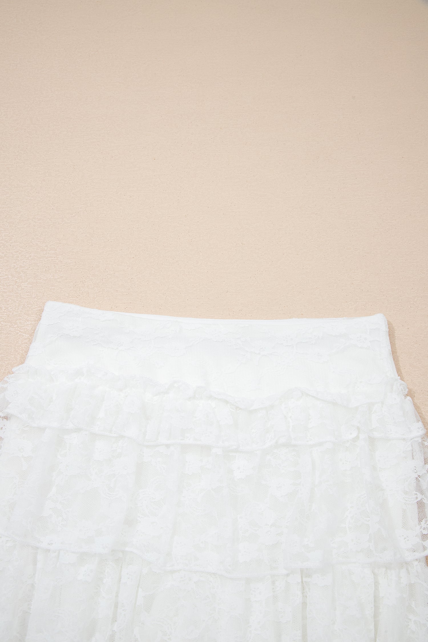White Sheer Lace Frilly Ruffles High Low Long Skirt