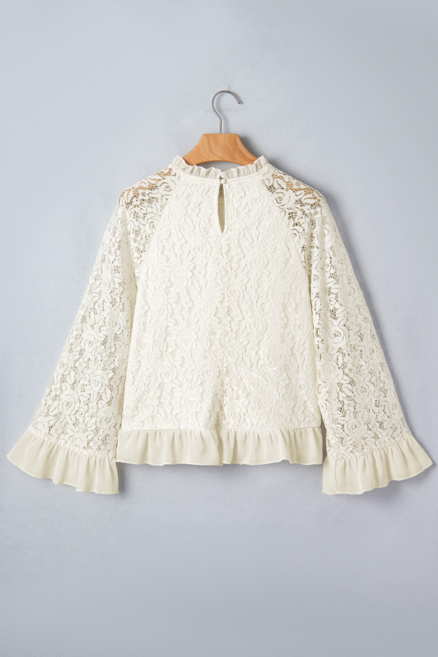 White Sheer Lace Long Sleeve Ruffle Trim Loose Blouse