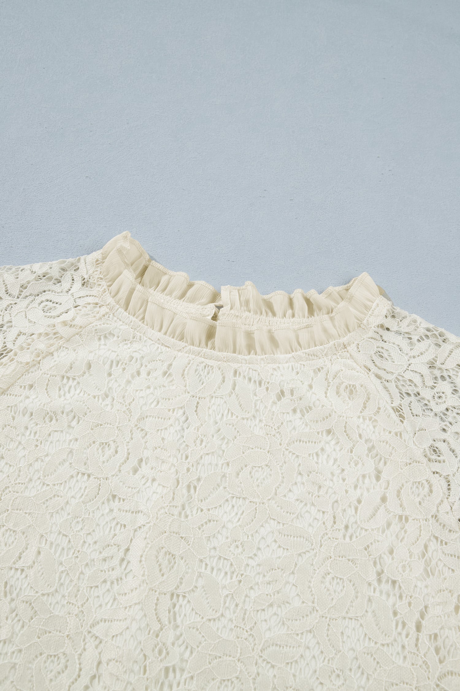 White Sheer Lace Long Sleeve Ruffle Trim Loose Blouse