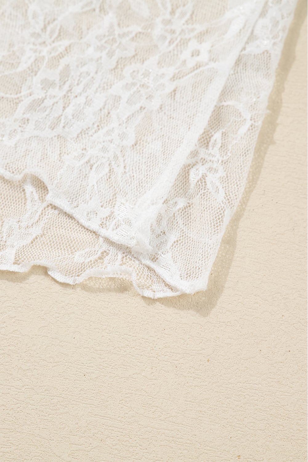 White Sheer Lace Mesh Mock Neck Slim Fit Long Sleeve Top