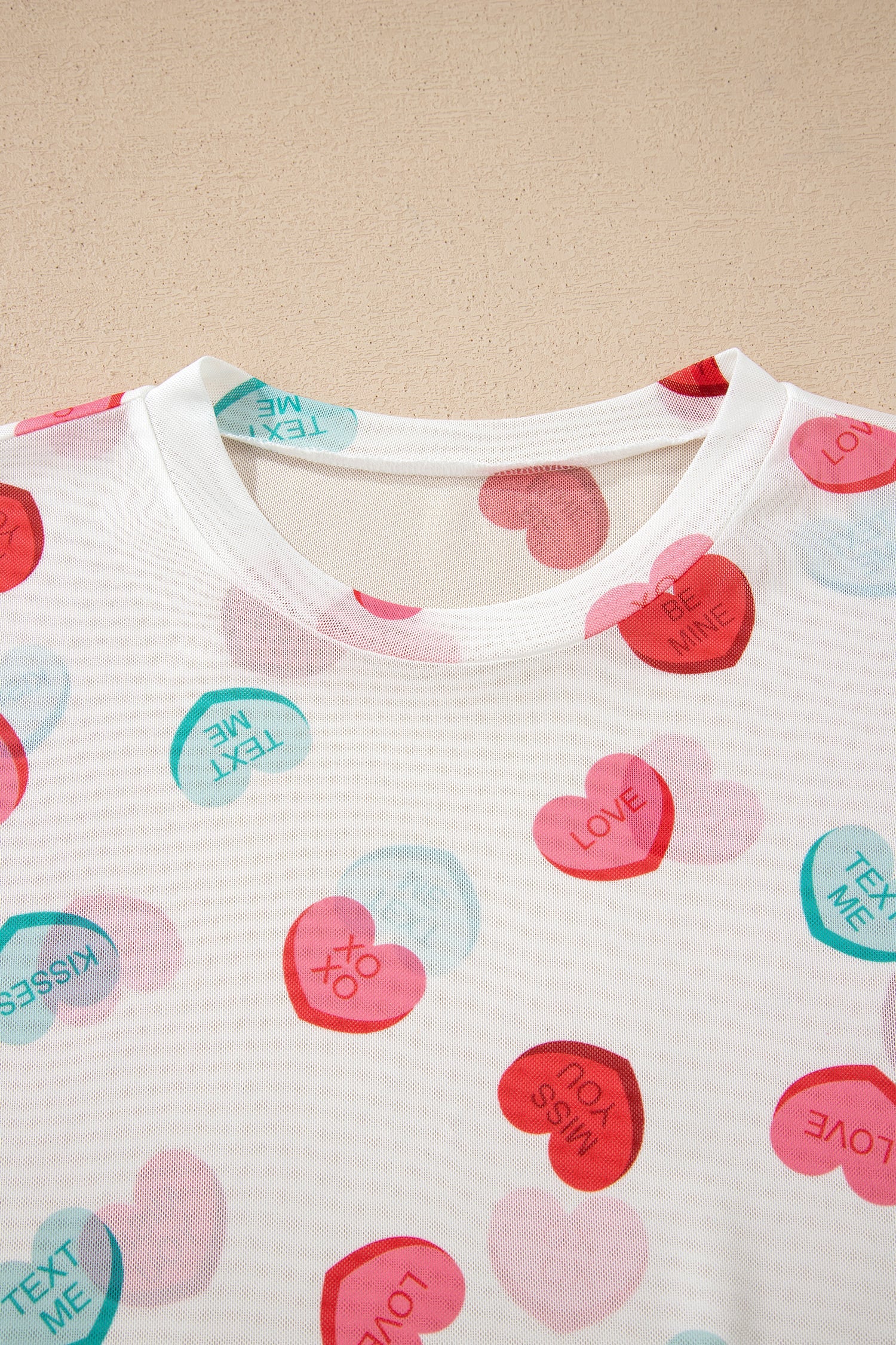 White Sheer Mesh Valentines Slogan Heart Printed Long Sleeve Top