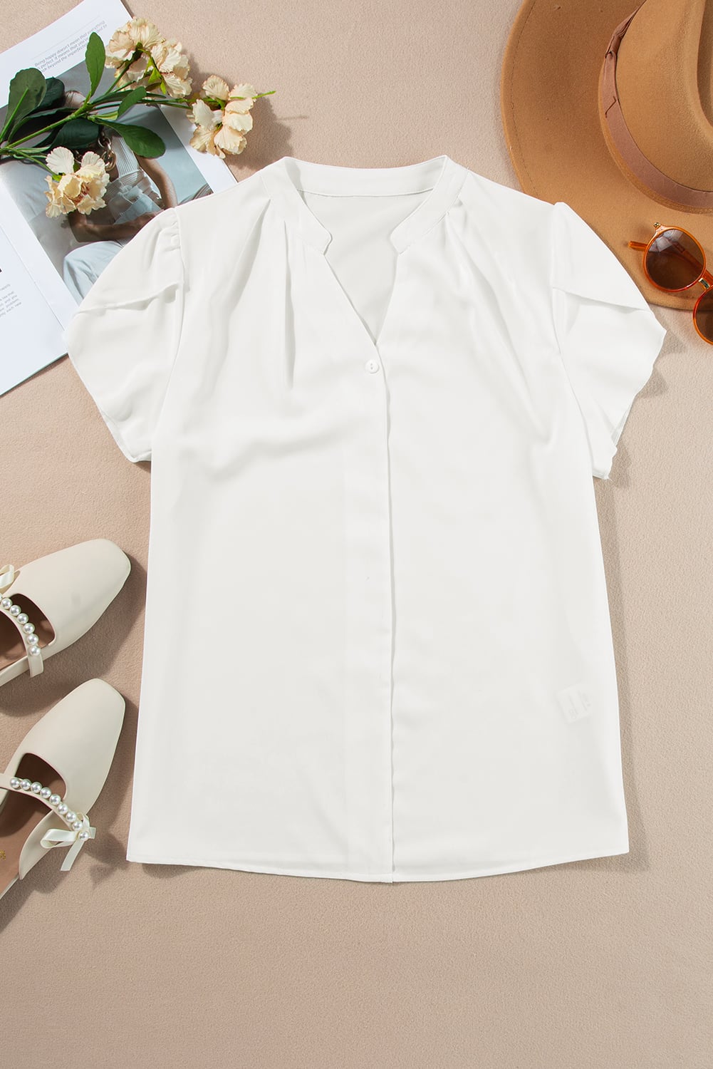 White Silky Notched Neckline Petal Sleeve Blouse