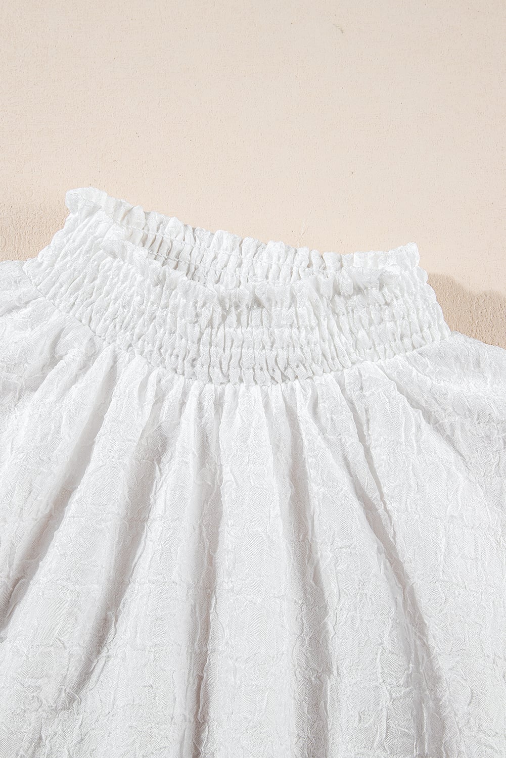 White Smocked Collar Sequin Flower Puff Sleeve Textured Top