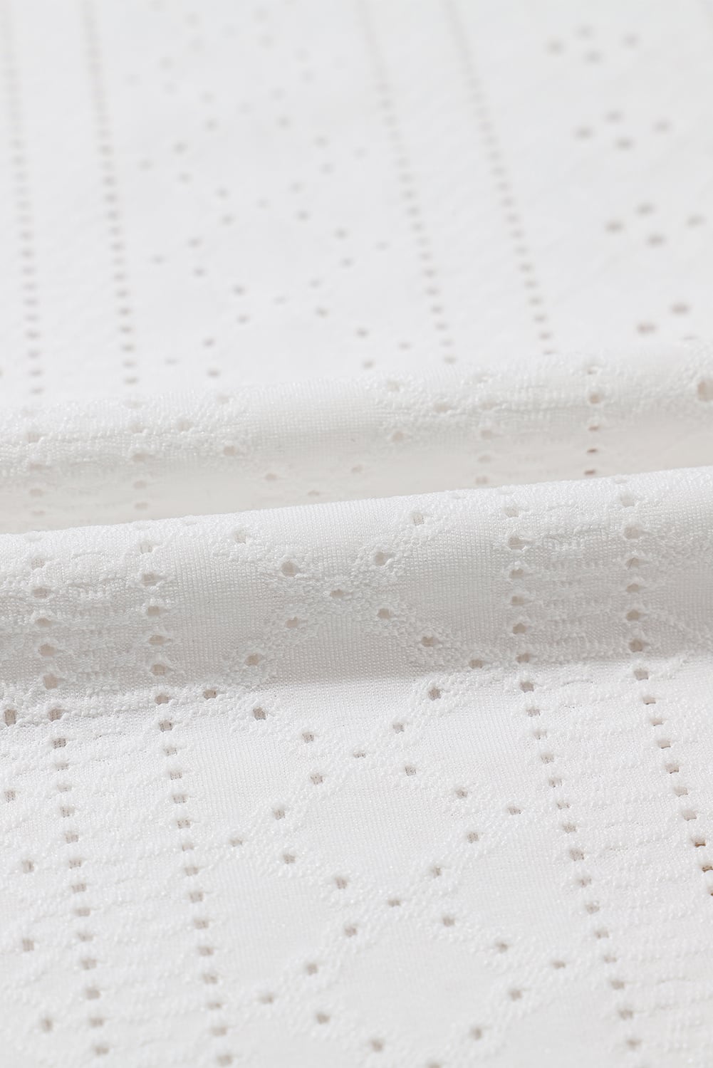 White Solid Color Eyelet Jacquard Cuffed Short Sleeve Top