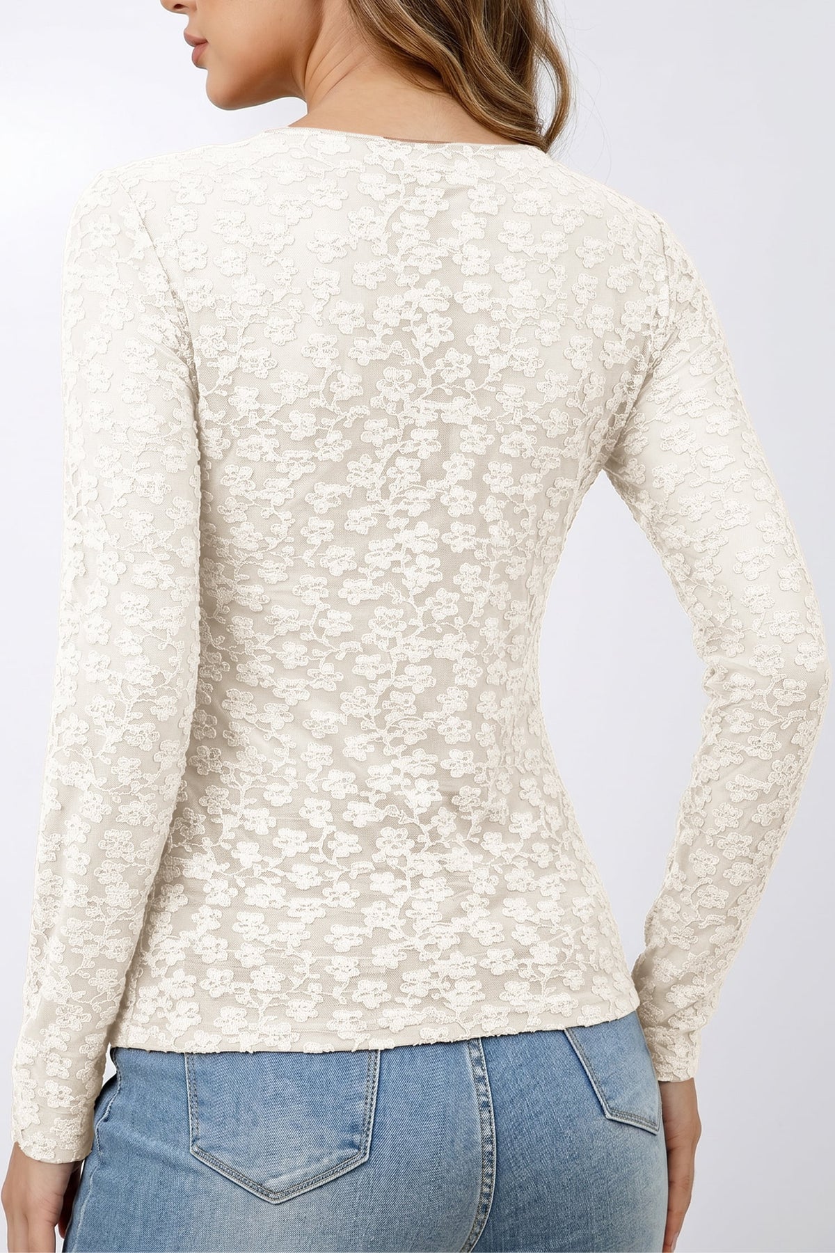 White Solid Color Floral Textured Long Sleeve Top