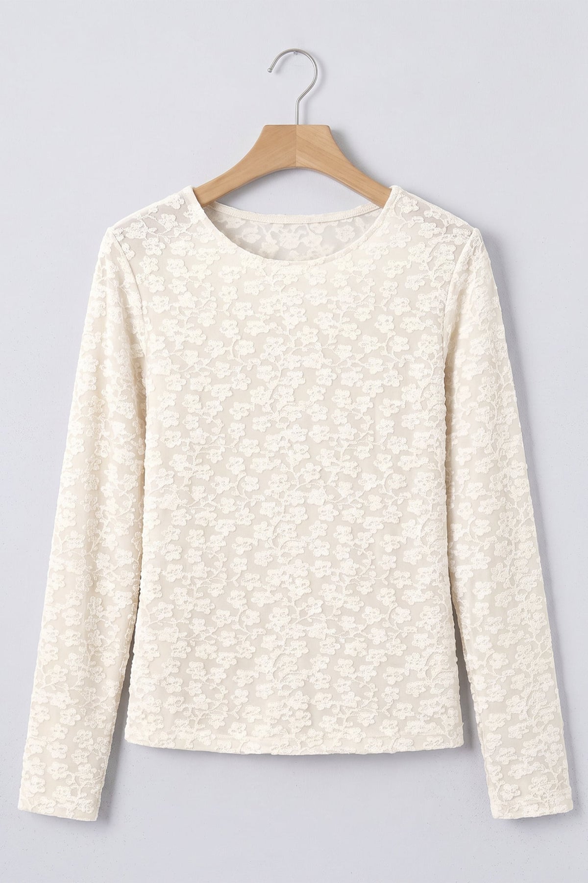 White Solid Color Floral Textured Long Sleeve Top