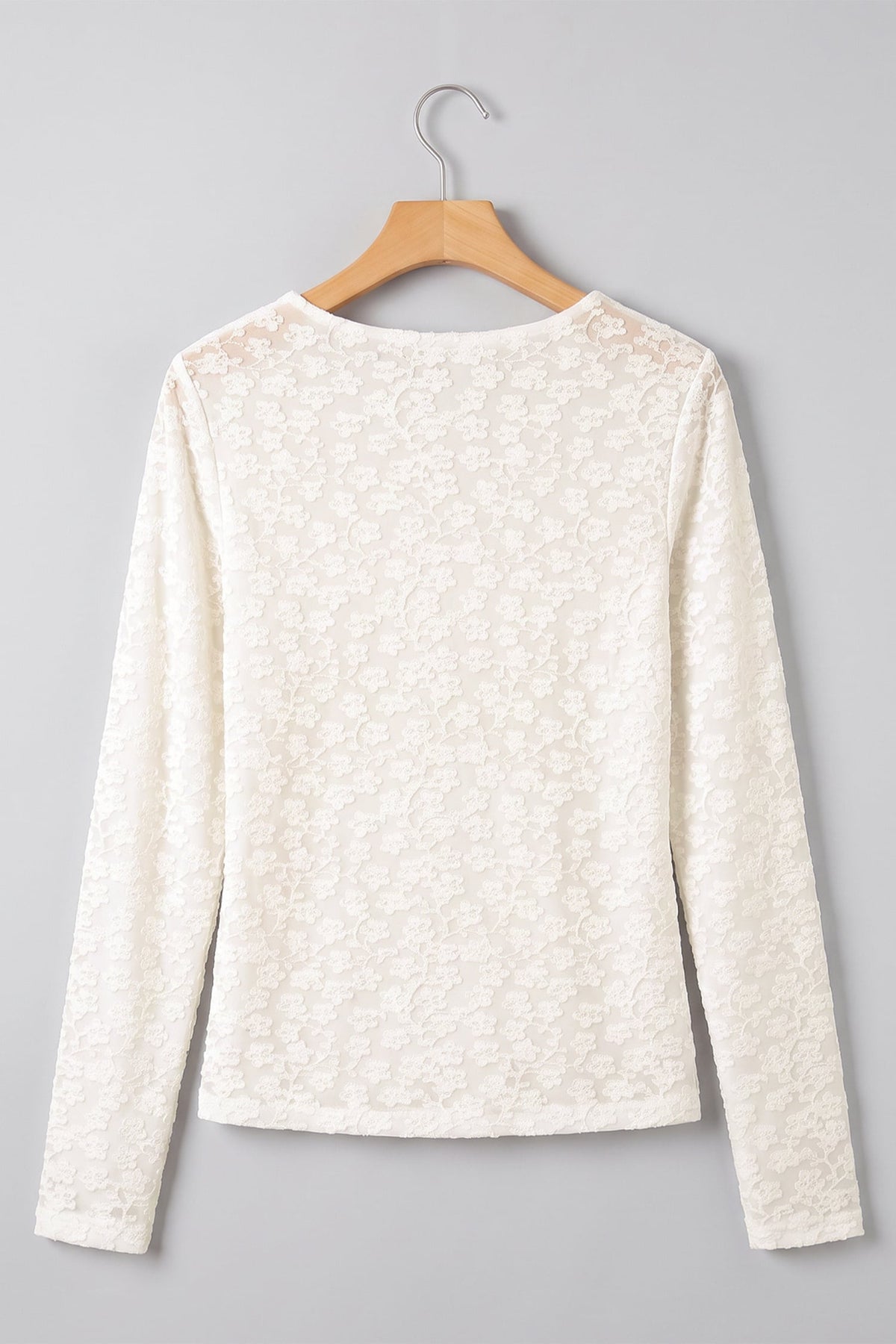 White Solid Color Floral Textured Long Sleeve Top