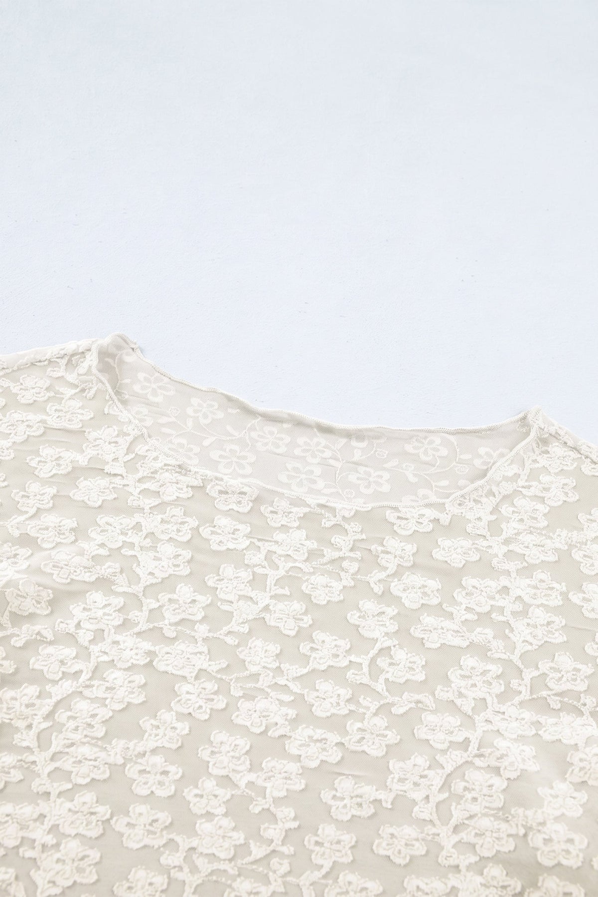 White Solid Color Floral Textured Long Sleeve Top