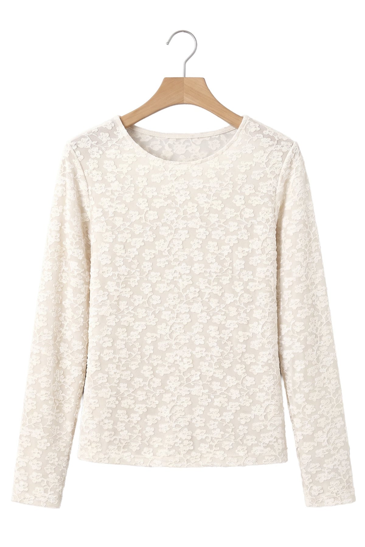White Solid Color Floral Textured Long Sleeve Top