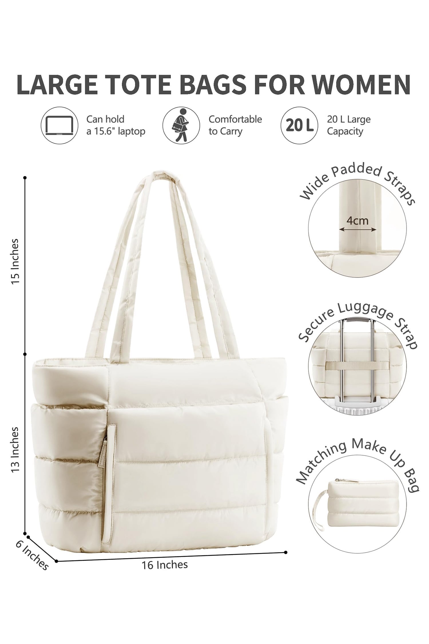 White Solid Color Puffy Quilted Large Tote Bag