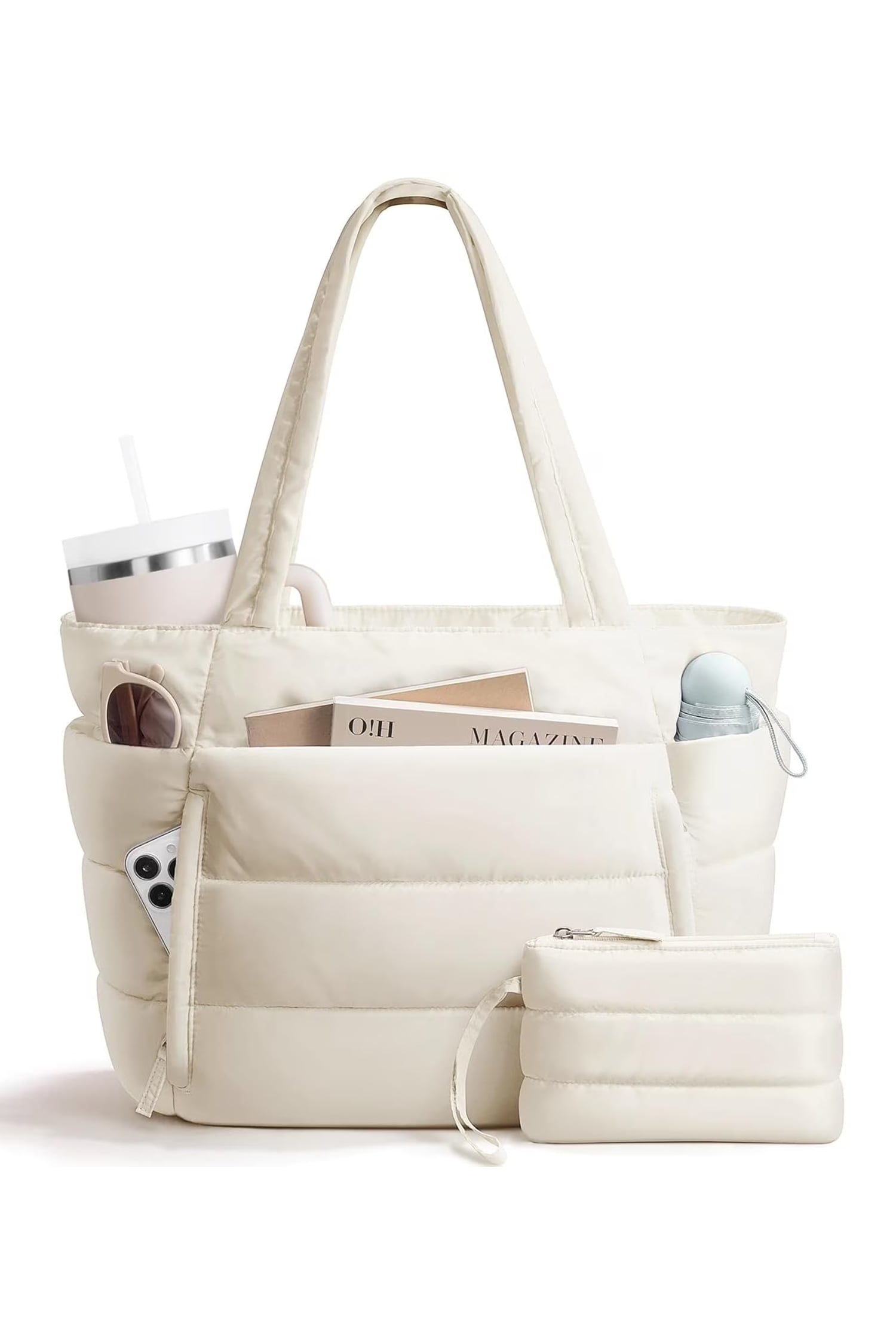 White Solid Color Puffy Quilted Large Tote Bag
