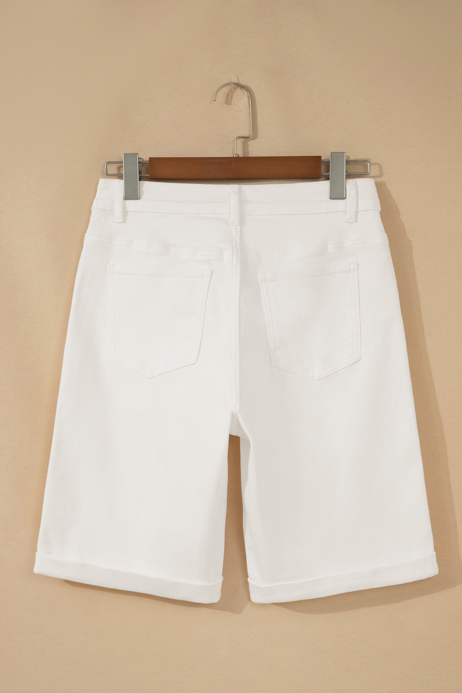 White Solid Color Rolled Cuffs Denim Bermuda Shorts