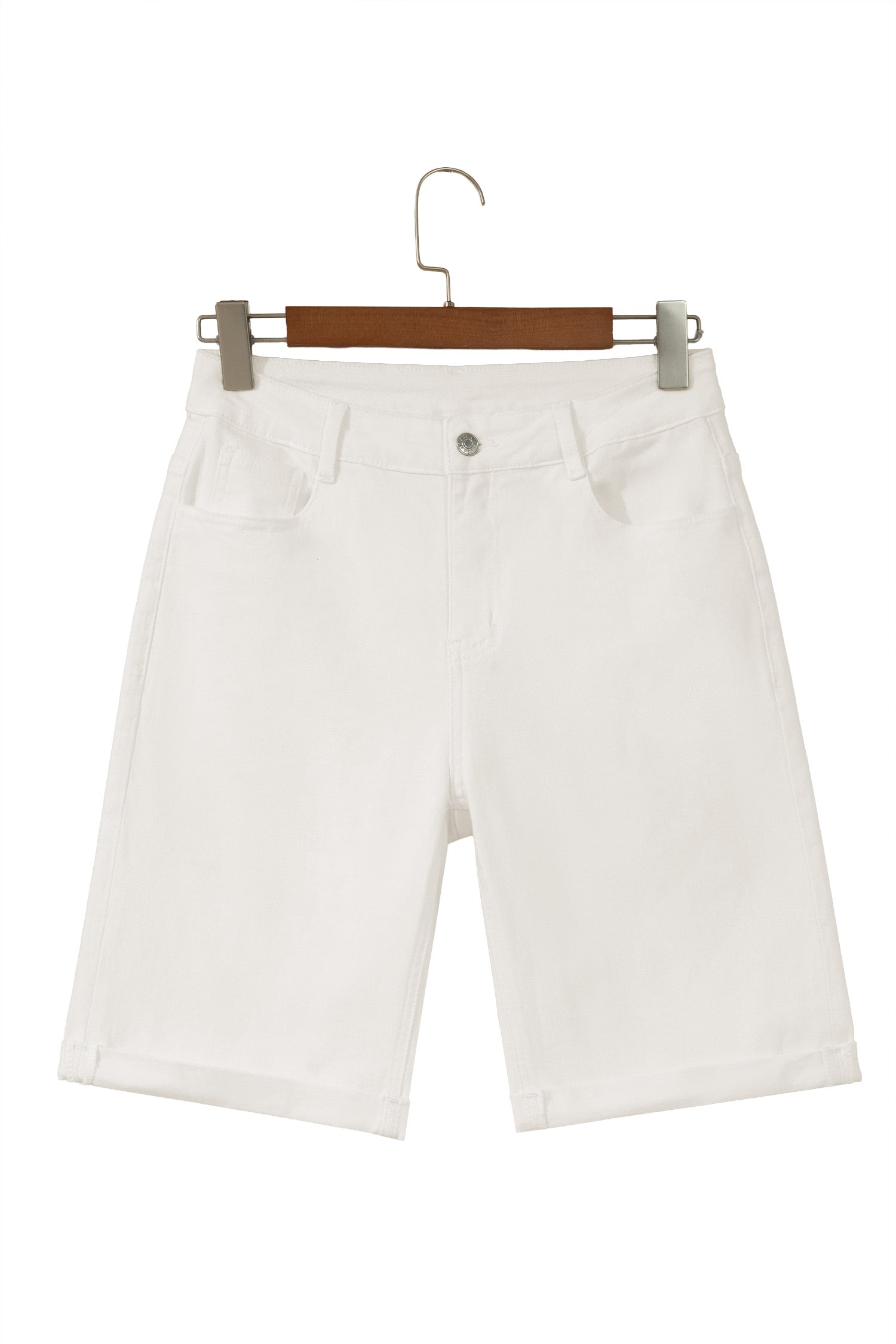 White Solid Color Rolled Cuffs Denim Bermuda Shorts