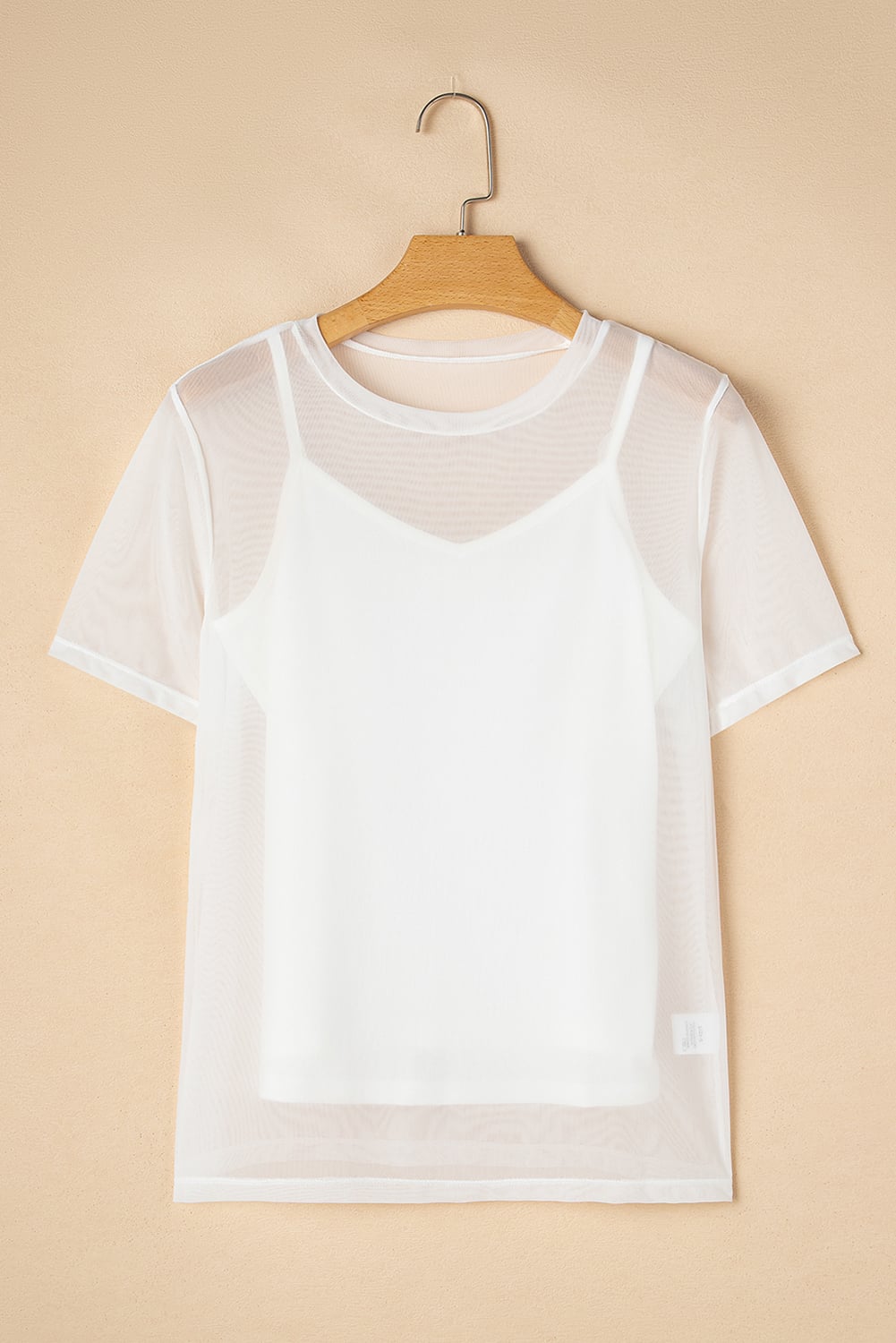 White Solid Color Sheer Mesh Patchwork Short Sleeve Top
