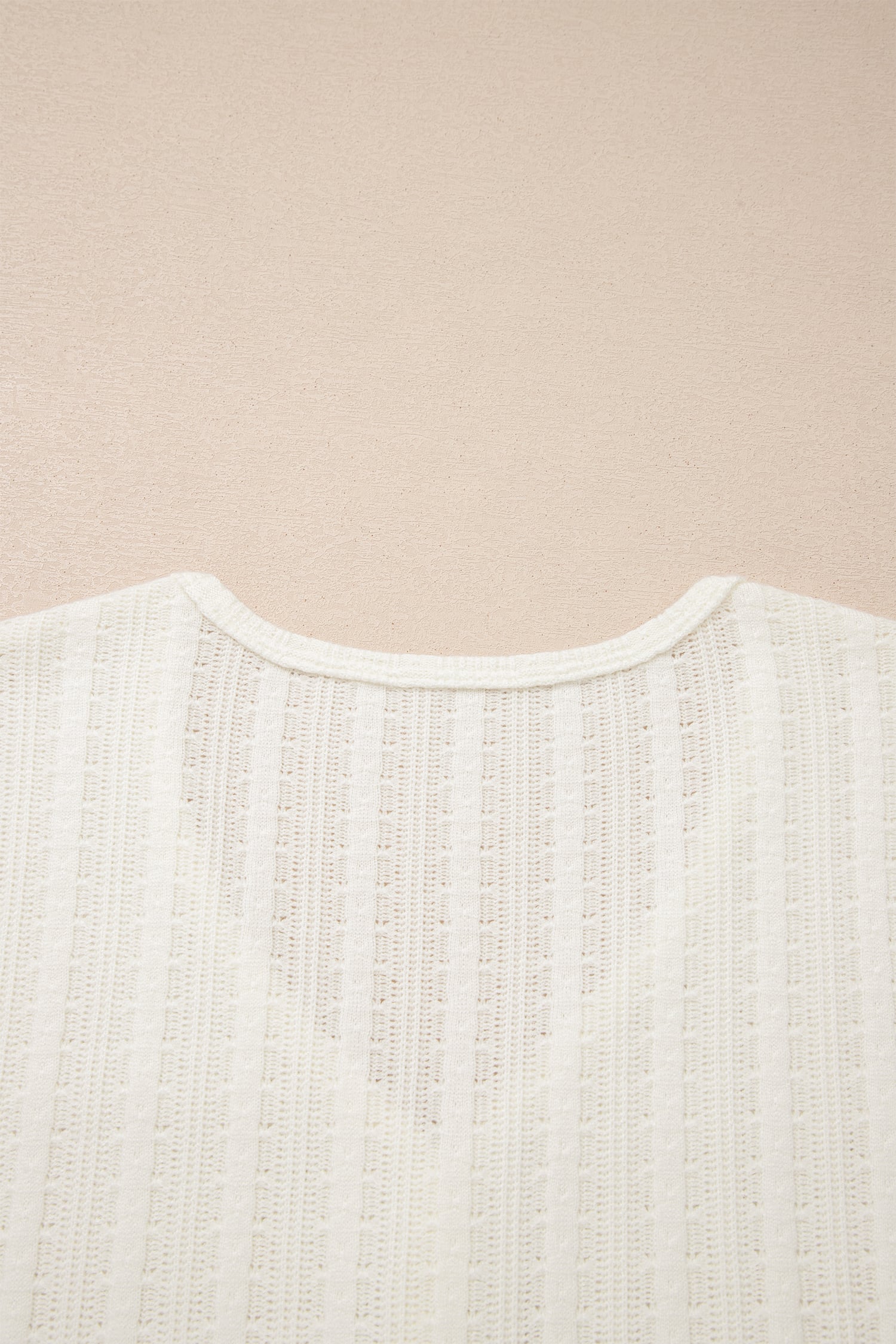 White Solid Color Textured Button V Neck Raw Seam Henley Tee