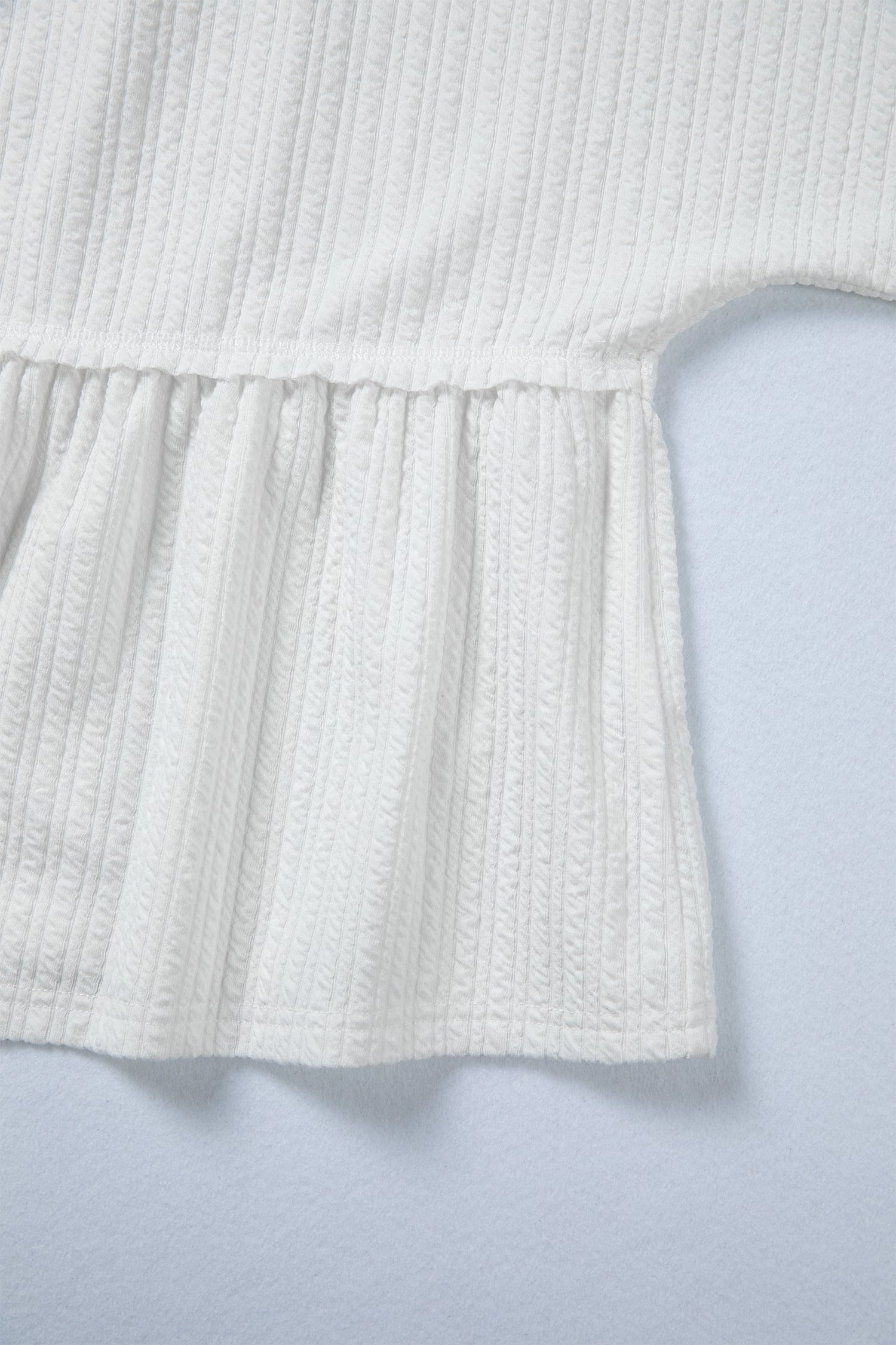 White Solid Color Textured Drop Shoulder Long Sleeve Peplum Top