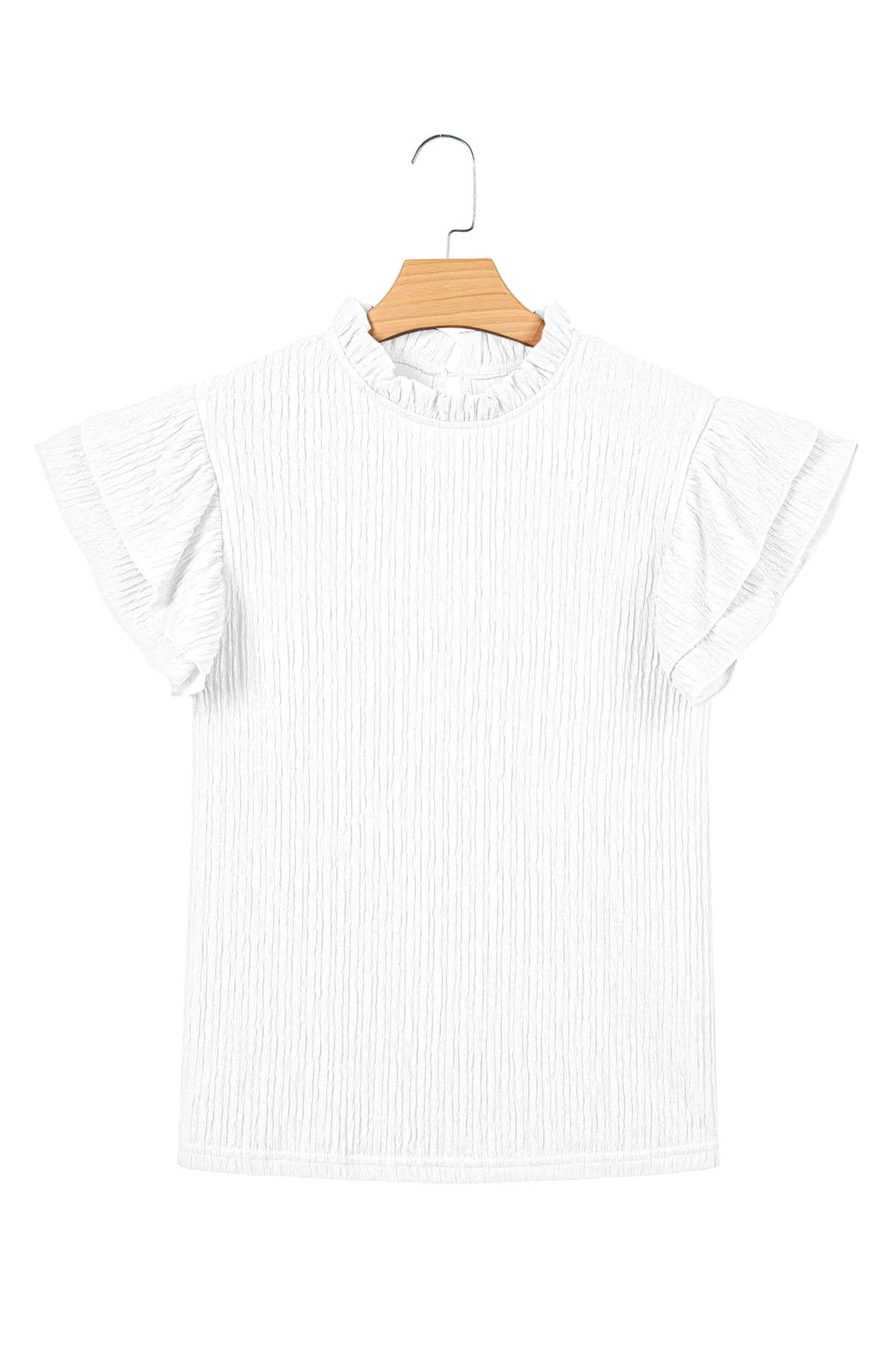 White Solid Color Textured Ruffle Trim Short Sleeve Blouse