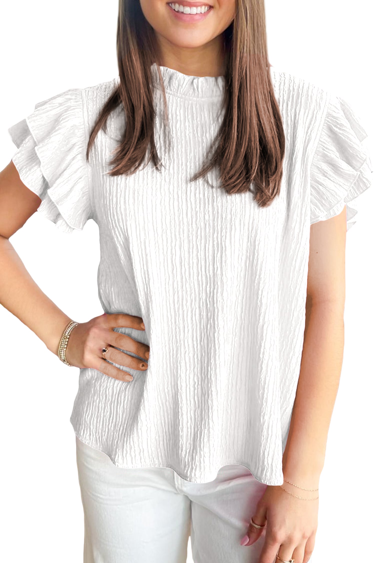 White Solid Color Textured Ruffle Trim Short Sleeve Blouse
