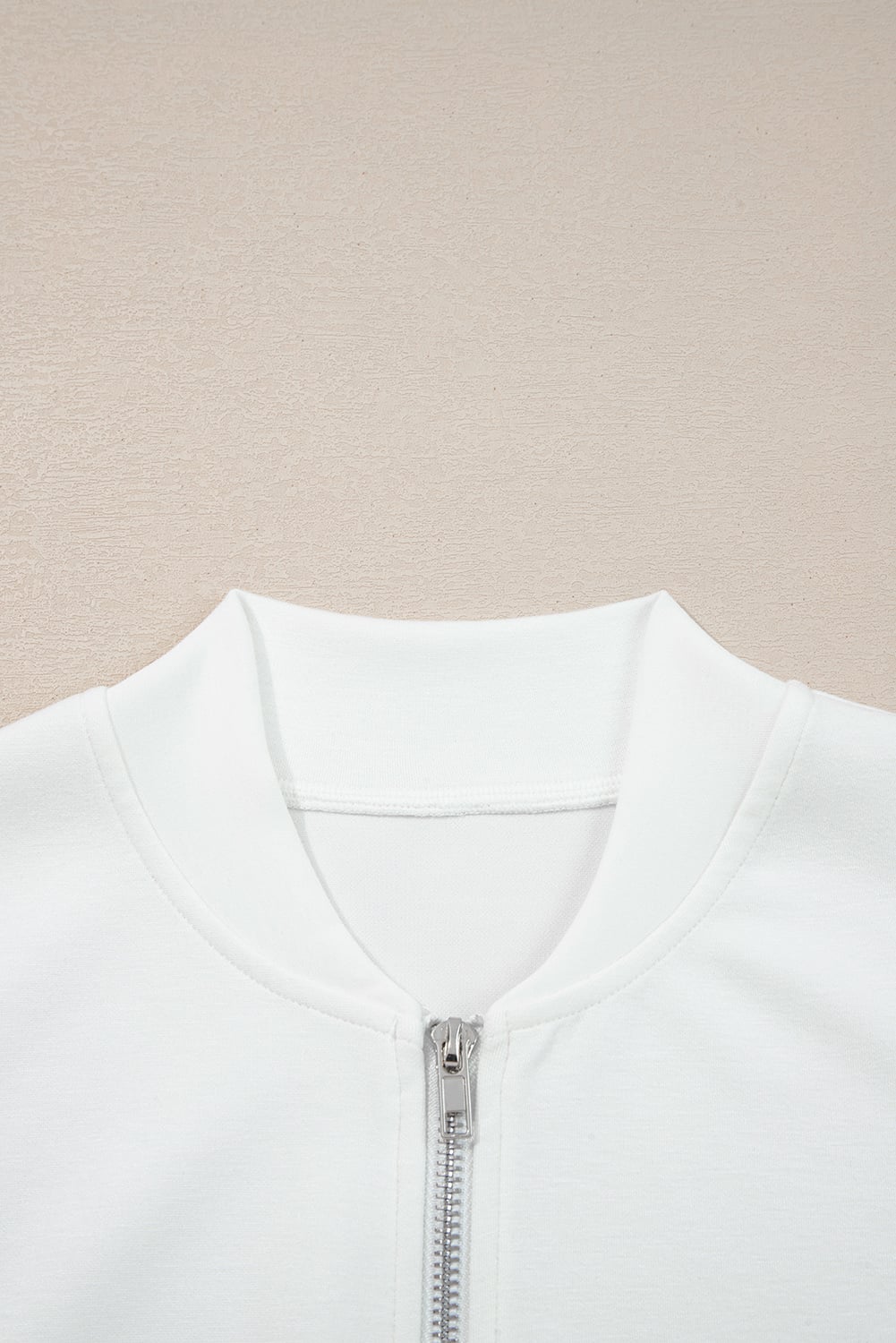 White Solid Color Zip Up Knit Puff Sleeve Jacket