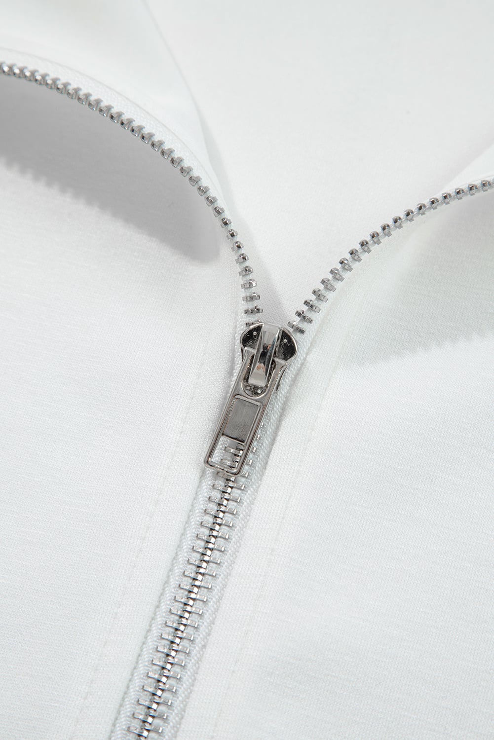 White Solid Color Zip Up Knit Puff Sleeve Jacket