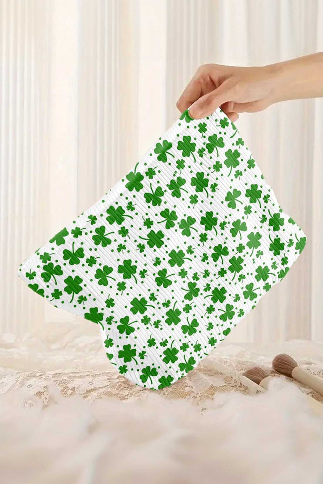 White St Patricks Lucky Clover Printed Soft Ribbed Makeup Bag