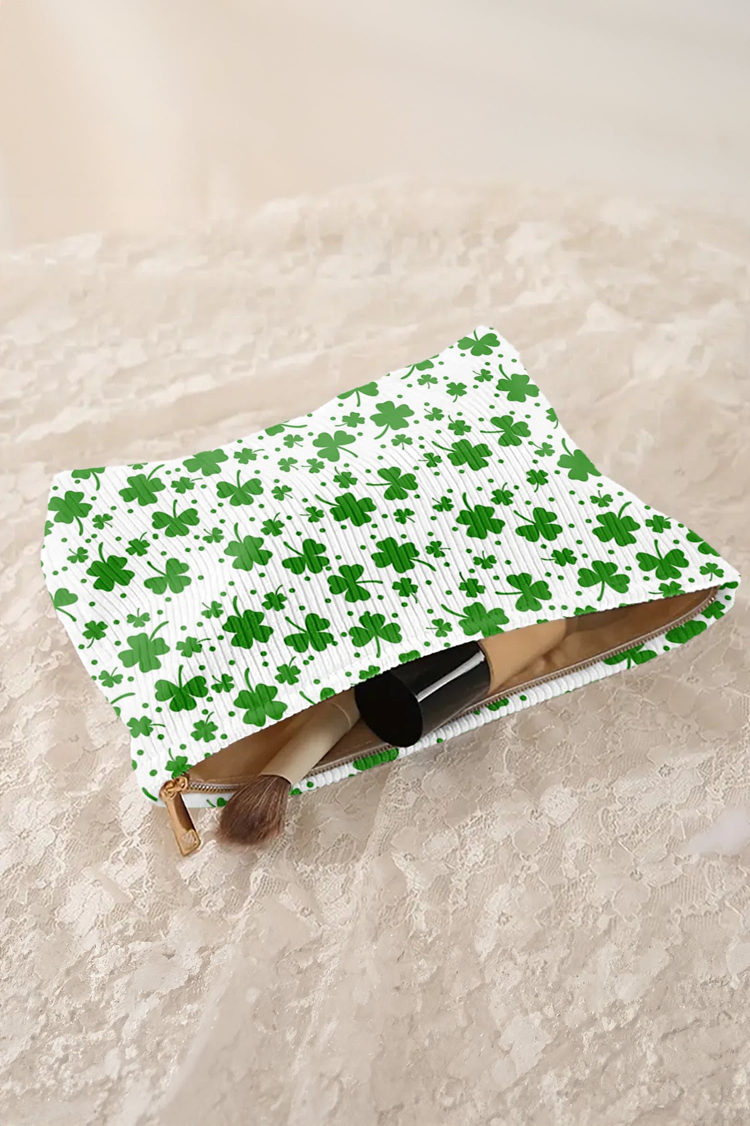 White St Patricks Lucky Clover Printed Soft Ribbed Makeup Bag