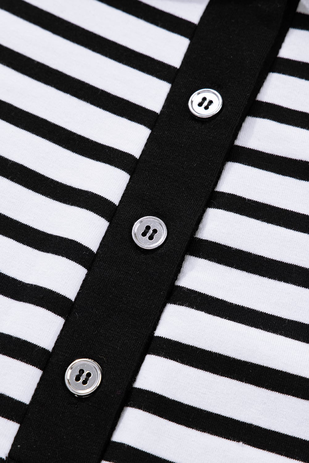 White Stripe Buttoned Front Collared Long Sleeve T Shirt Dress with Pockets