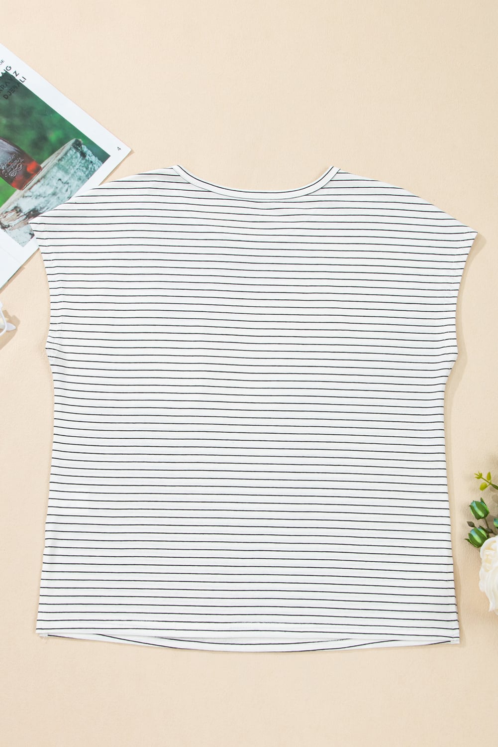White Stripe Cap Sleeve Crew Neck Casual Tee with Chest Pocket