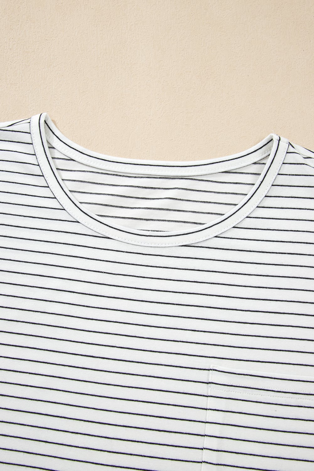White Stripe Cap Sleeve Crew Neck Casual Tee with Chest Pocket