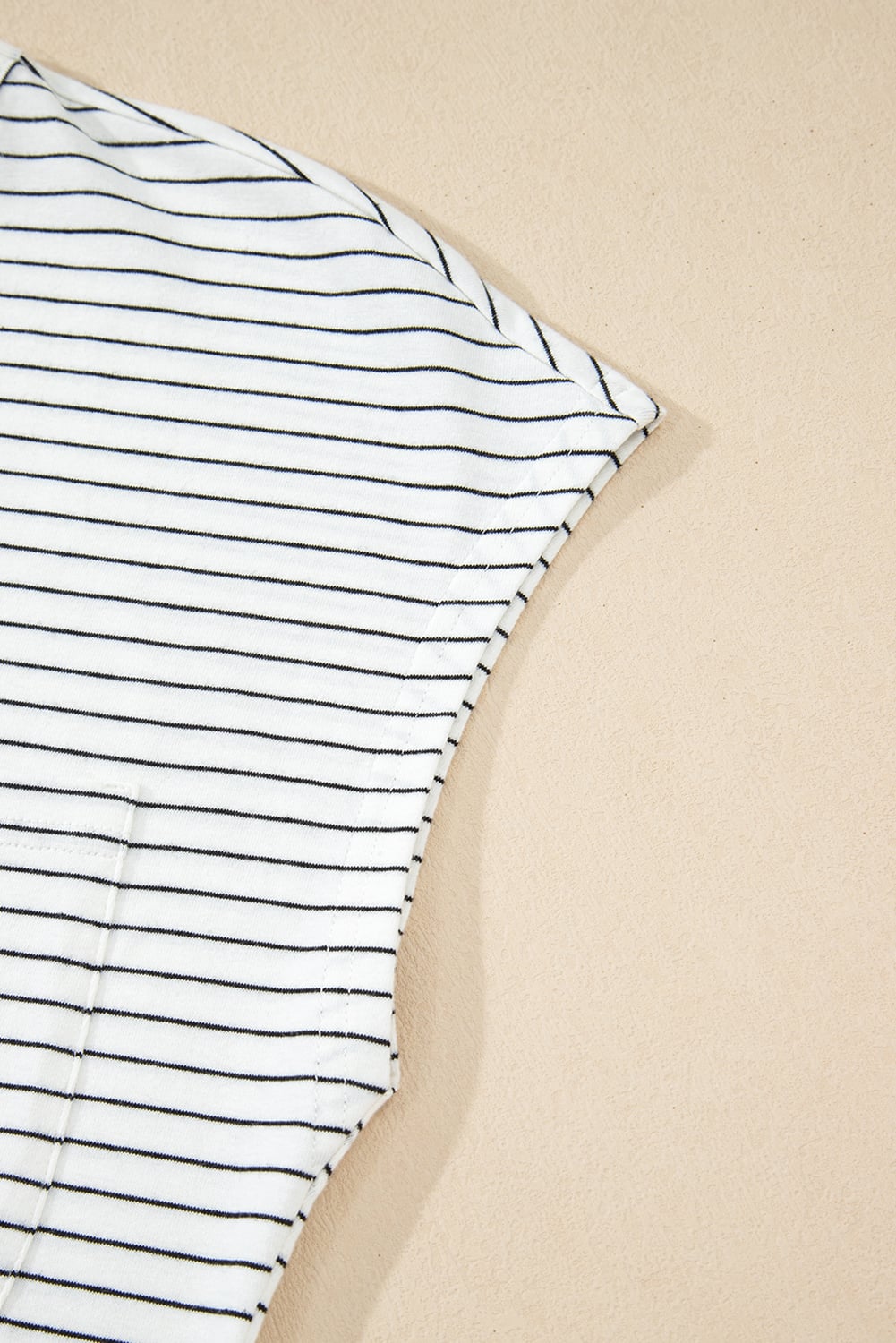 White Stripe Cap Sleeve Crew Neck Casual Tee with Chest Pocket