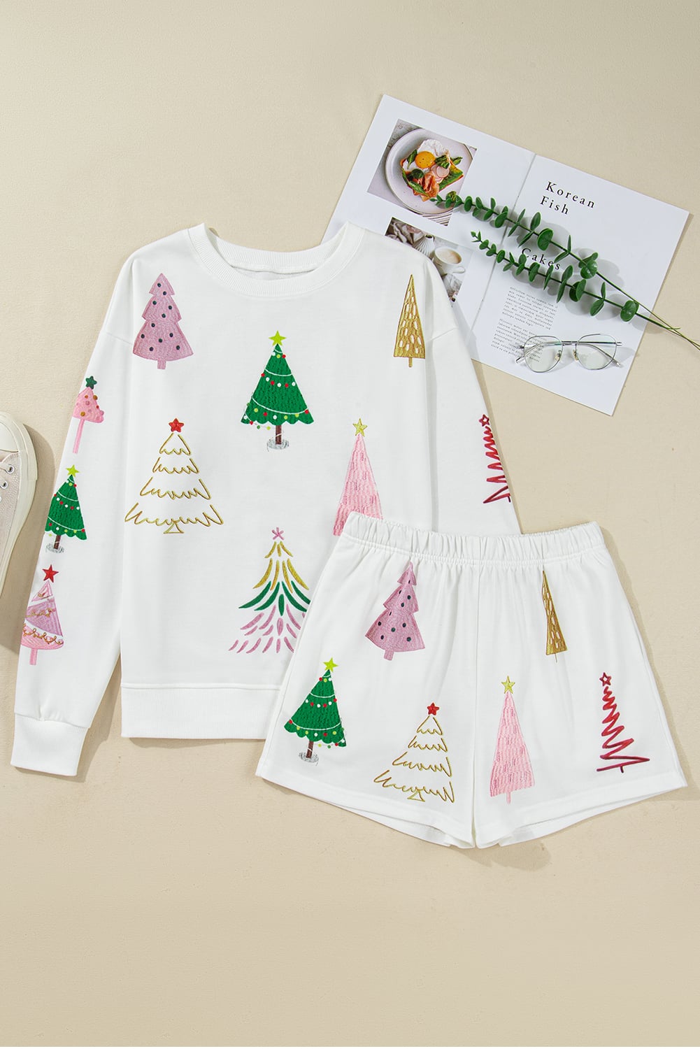 White Stripe Multi Christmas Tree Long Sleeve Top and Shorts 2pcs Lounge Set