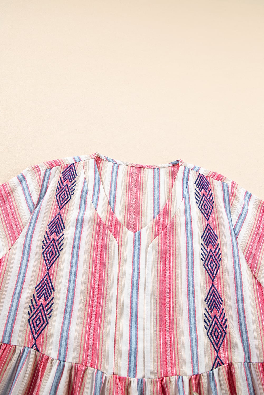 White Stripe Plus Size Embroidered Detail Flared 3/4 Sleeve V Neck Dress