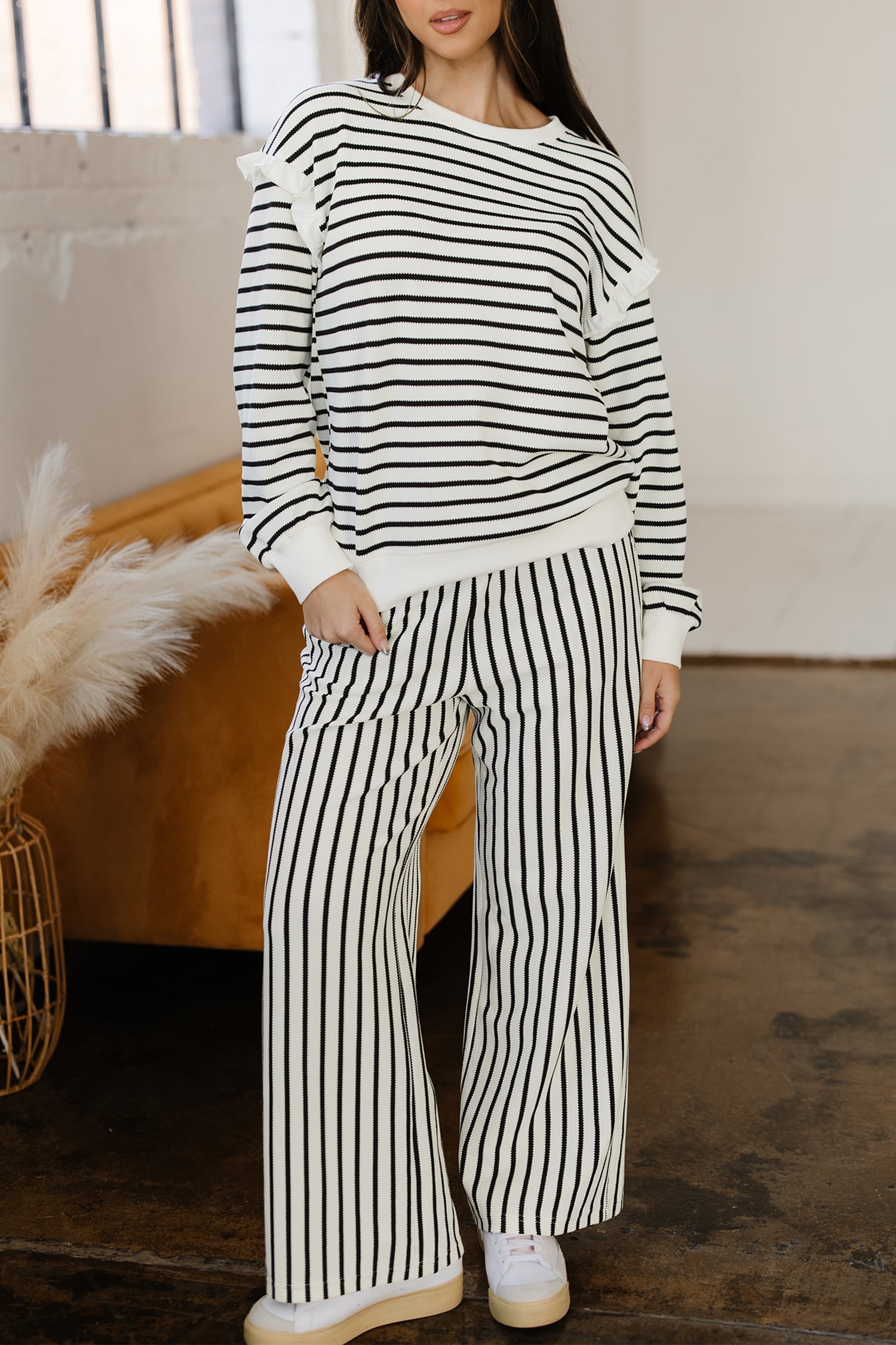 White Stripe Ruffle Trim Drop Shoulder Top Drawstring Loose Pant Set