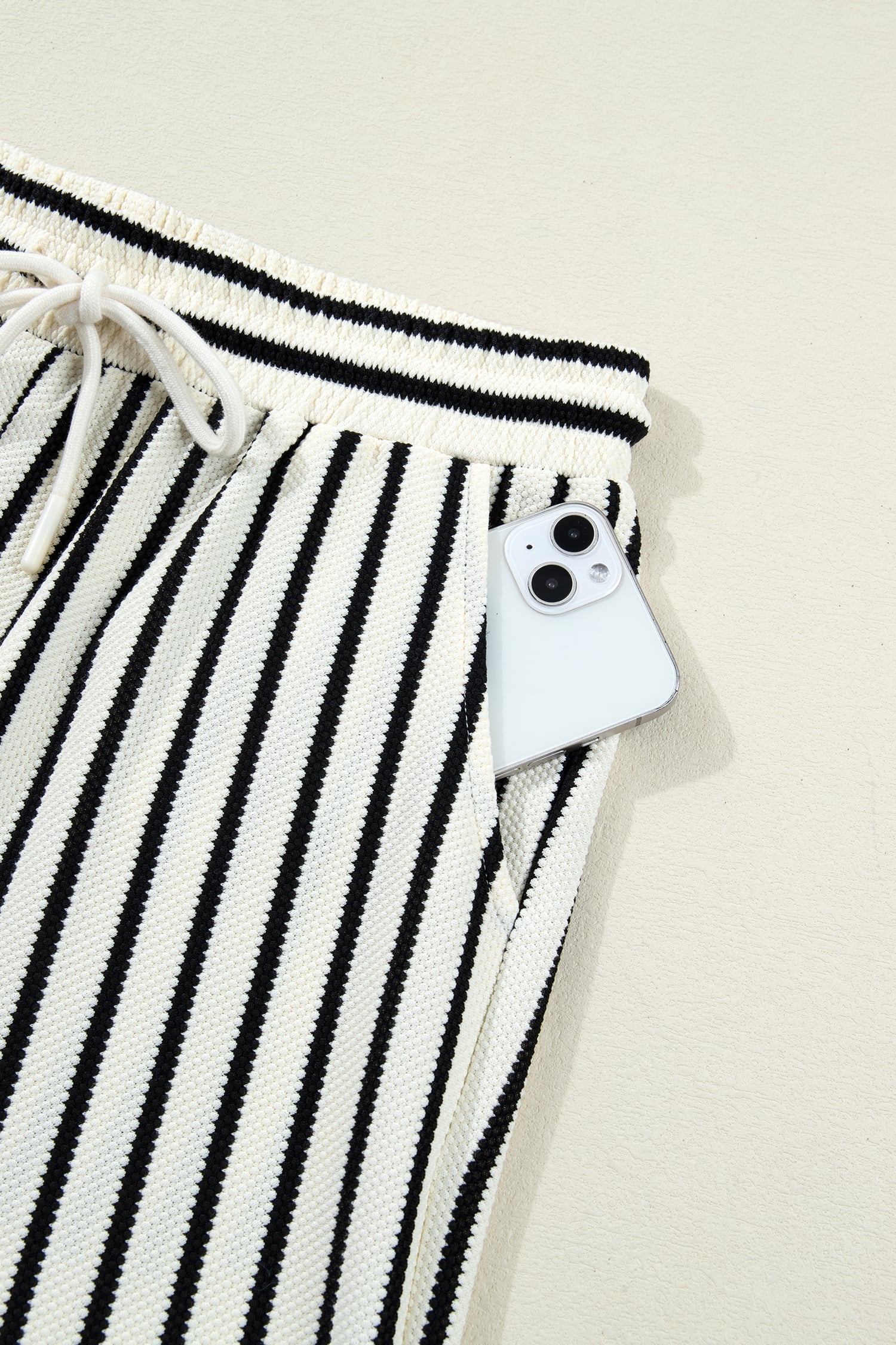 White Stripe Ruffle Trim Drop Shoulder Top Drawstring Loose Pant Set