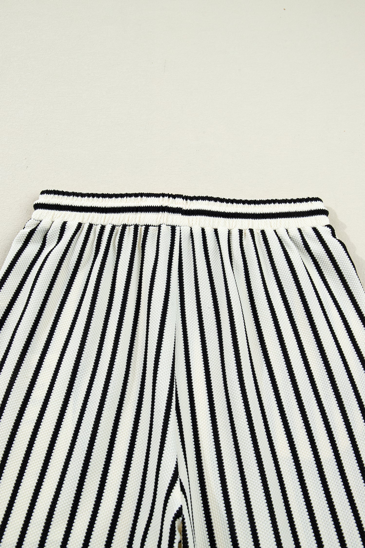 White Stripe Ruffle Trim Drop Shoulder Top Drawstring Loose Pant Set