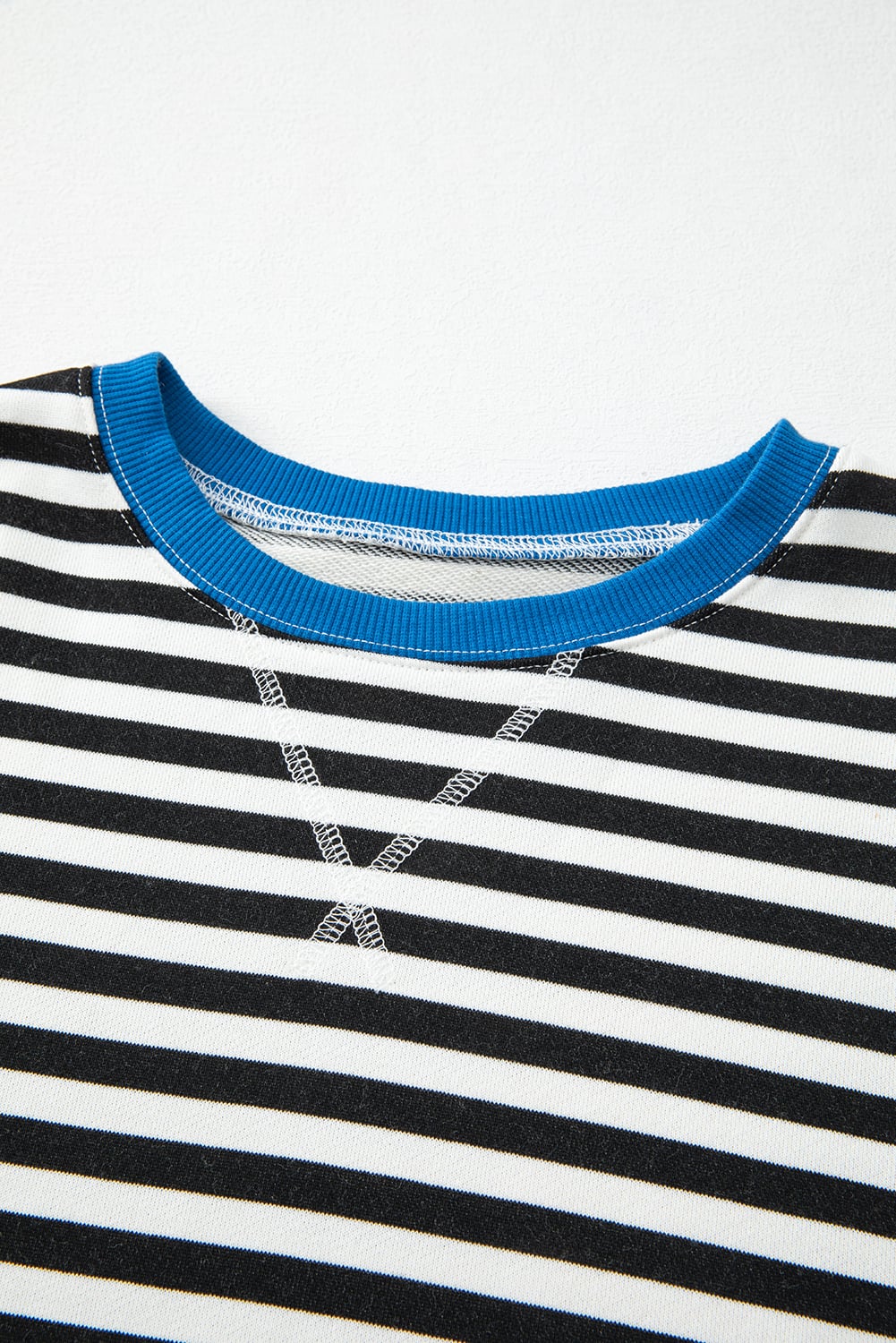 White Stripe Striped Contrast Ribbed Trim Crossed Stitch Drop Shoulder Sweatshirt