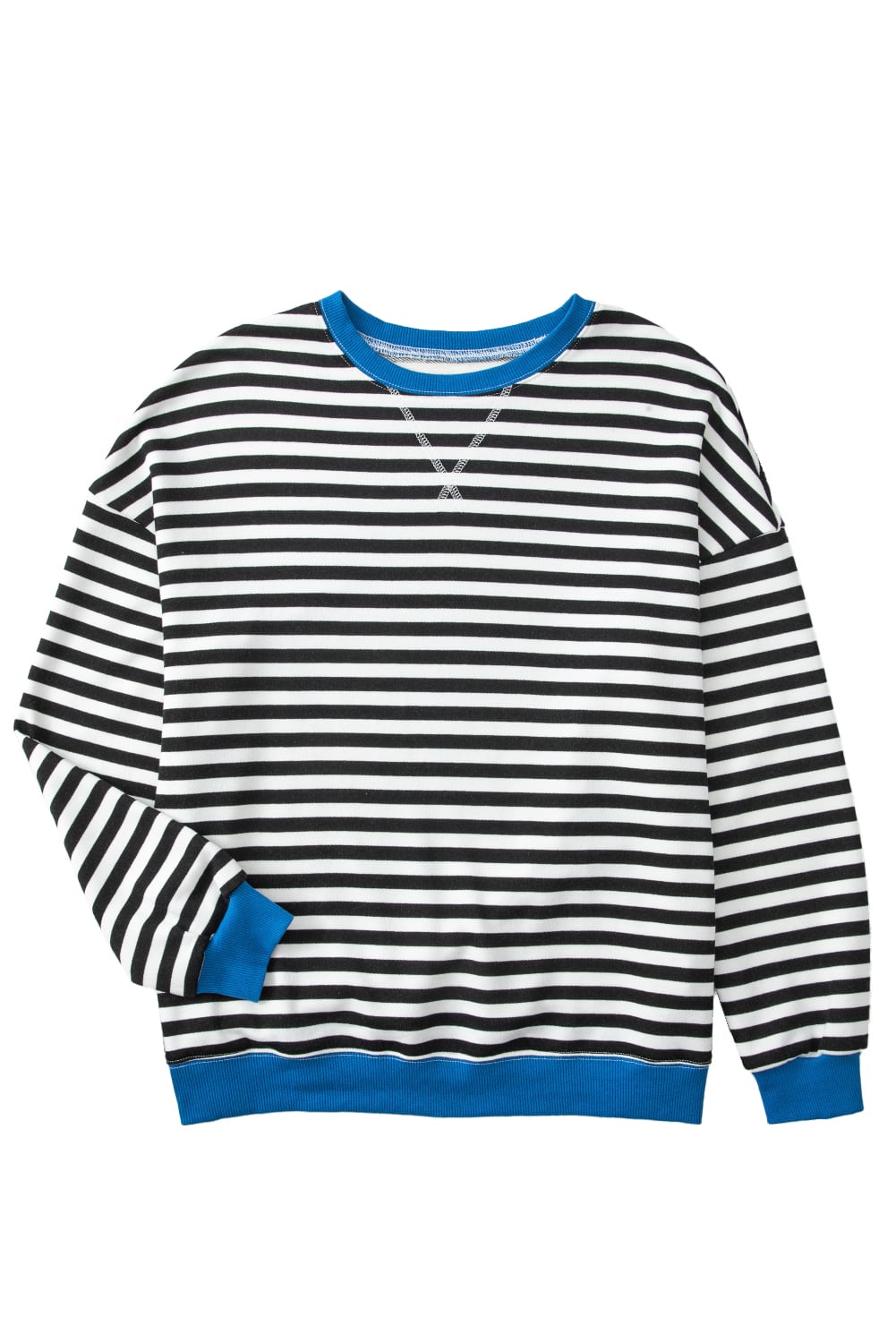 White Stripe Striped Contrast Ribbed Trim Crossed Stitch Drop Shoulder Sweatshirt