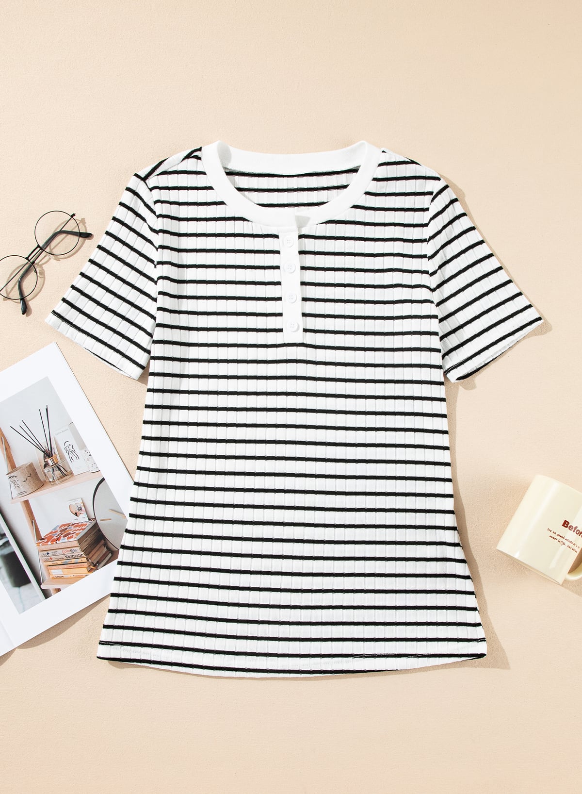 White Stripe Textured Short Sleeve Buttoned Henley Top